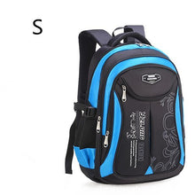 Black and blue backpack with visible brand logo.