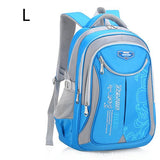Blue and gray backpack with visible brand logo.