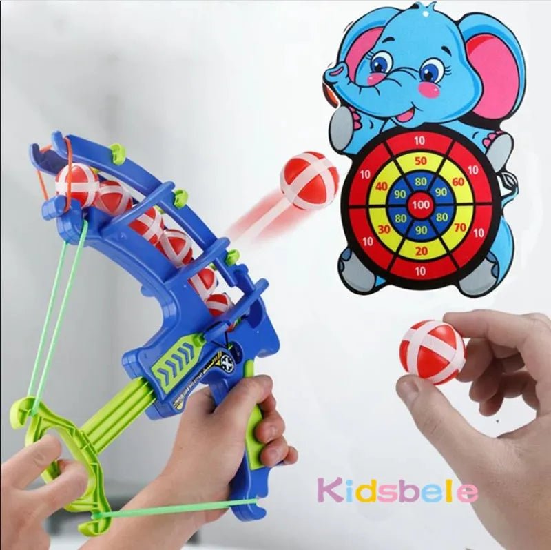 Toy bow and arrow set with a dartboard and balls, featuring the brand 'Kidsbelie'.