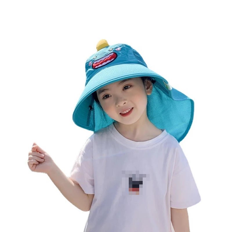 A child wearing a blue bucket hat with a cartoon character.