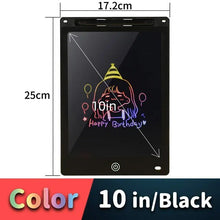 10-inch black LCD writing tablet with dimensions and color information.