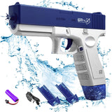Water gun with blue and white design, surrounded by water splashes.