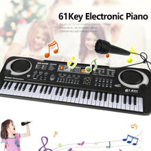 61-key portable kids piano keyboard with microphone on a white background, a beginners gift for music play.