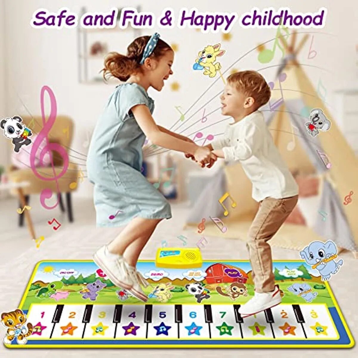 Kids Touch Play Piano Music Mat group play with animal designs for safe, fun musical activity.