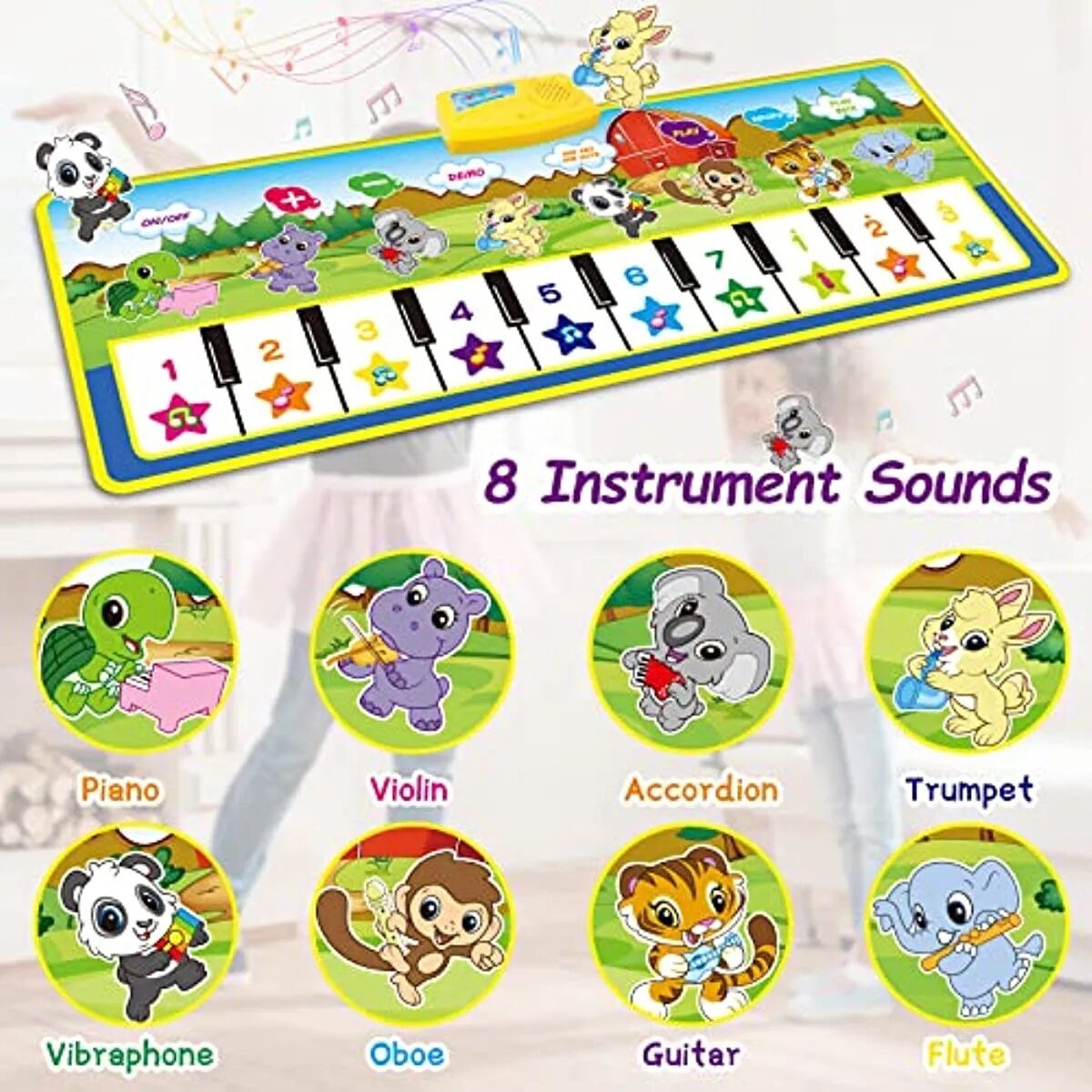 Kids Touch Play Piano Music Mat keyboard keys offering eight instrument sounds for musical learning.