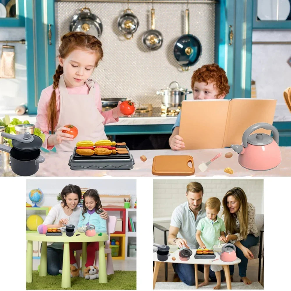 Collage of children playing with kitchen toys and a family in a kitchen setting.
