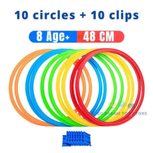 Kids training rings with blue clip connectors for linking hoops into circles and paths during outdoor activity sessions.