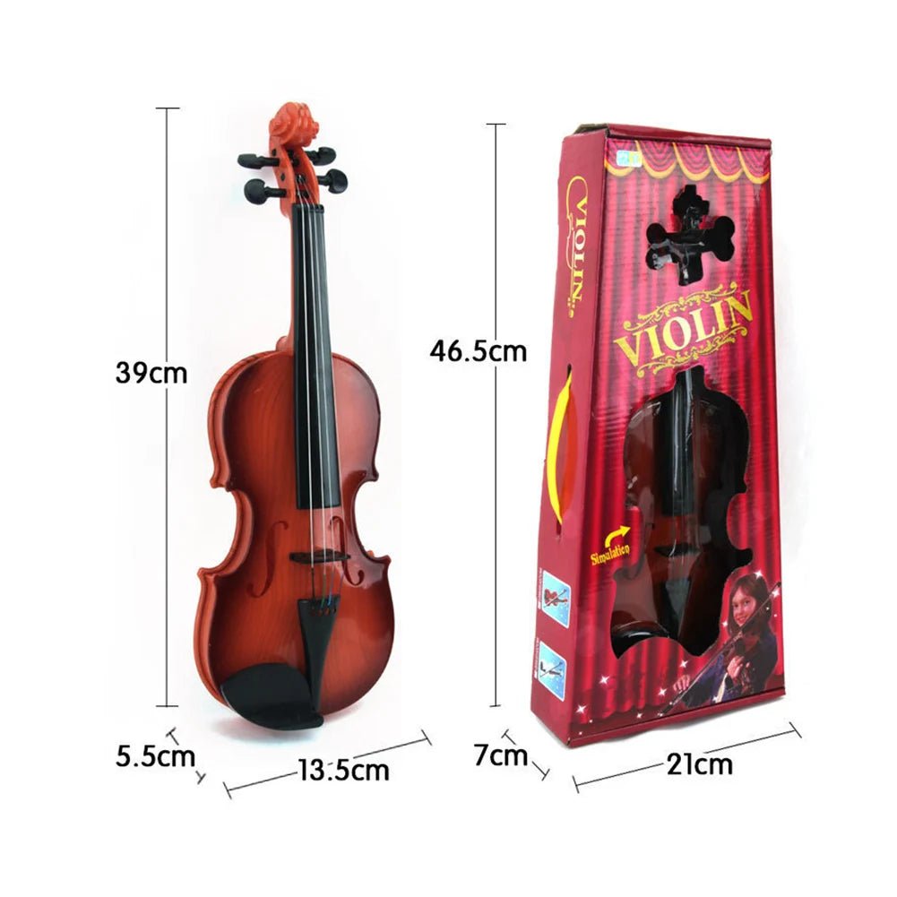 Adjustable String Kids Play Violin toy with size dimensions and gift packaging for birthday and holiday giving.