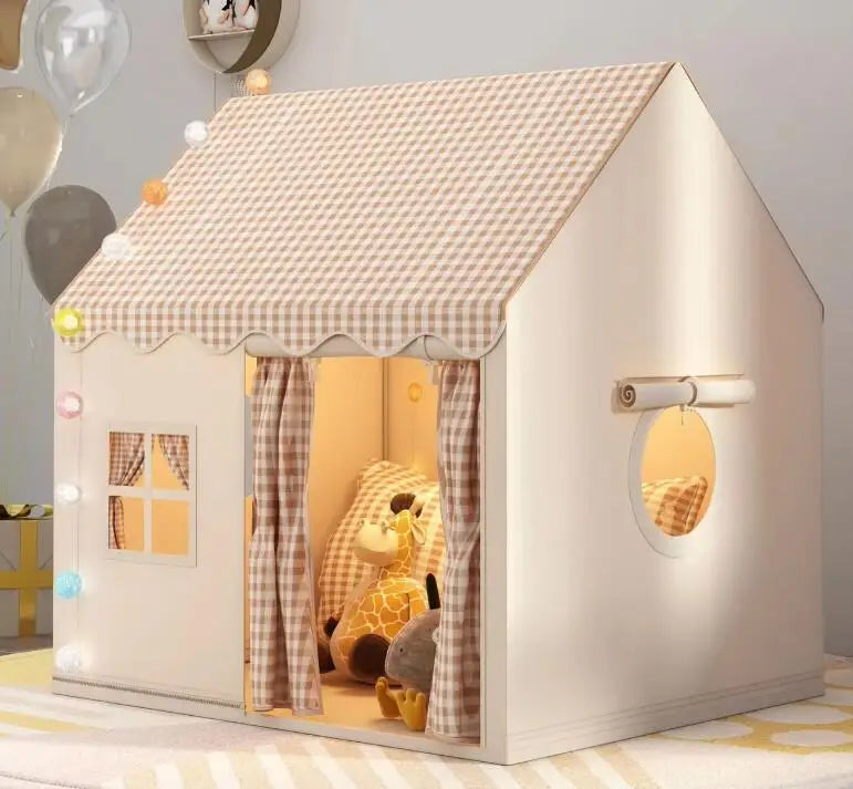 Children's playhouse with checkered roof and curtains, illuminated from inside.