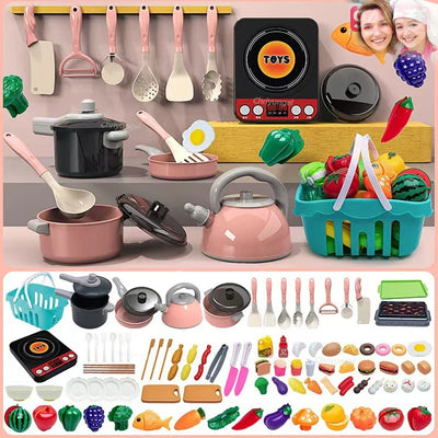 Collage of toy kitchen set with pots, pans, utensils, and food items.