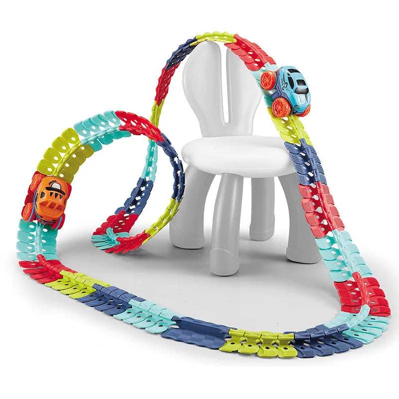 Kids LED Race Track railway playset with colorful track pieces and small cars for track play.