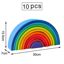Set of 10 wooden rainbow building blocks with measurements.