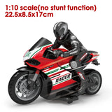 Model motorcycle with rider, showing size dimensions.