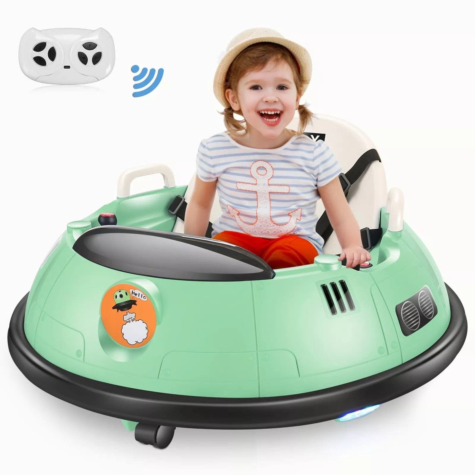Kids Ride-On Bumper Car electric remote control toy for 360 spin play and family fun outings.