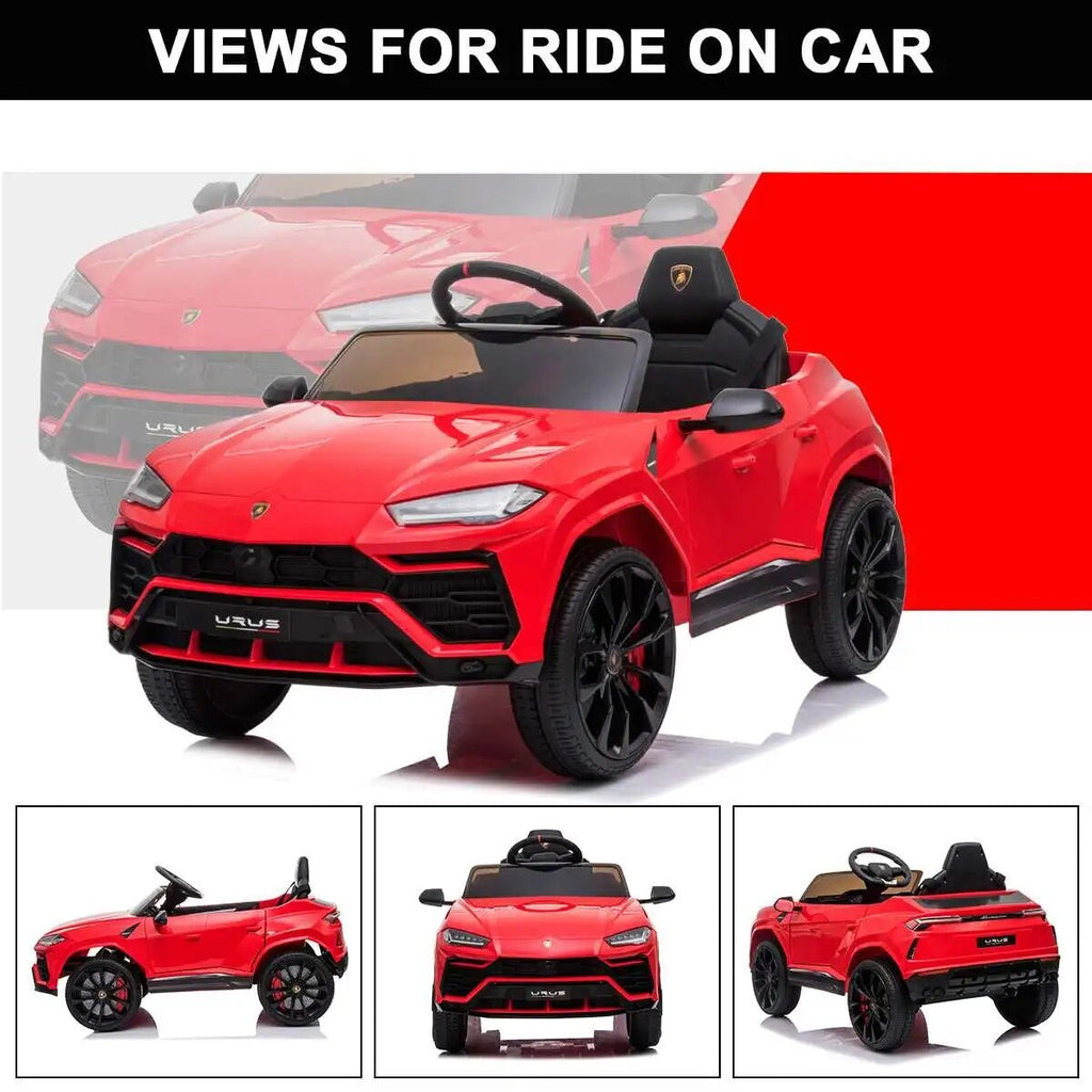 Red ride-on car with Lamborghini branding