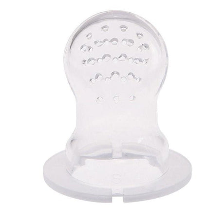 Clear silicone teether with textured surface.