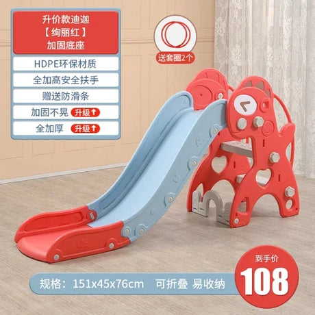 Children's slide with red and blue design on a wooden floor, featuring text and product details.