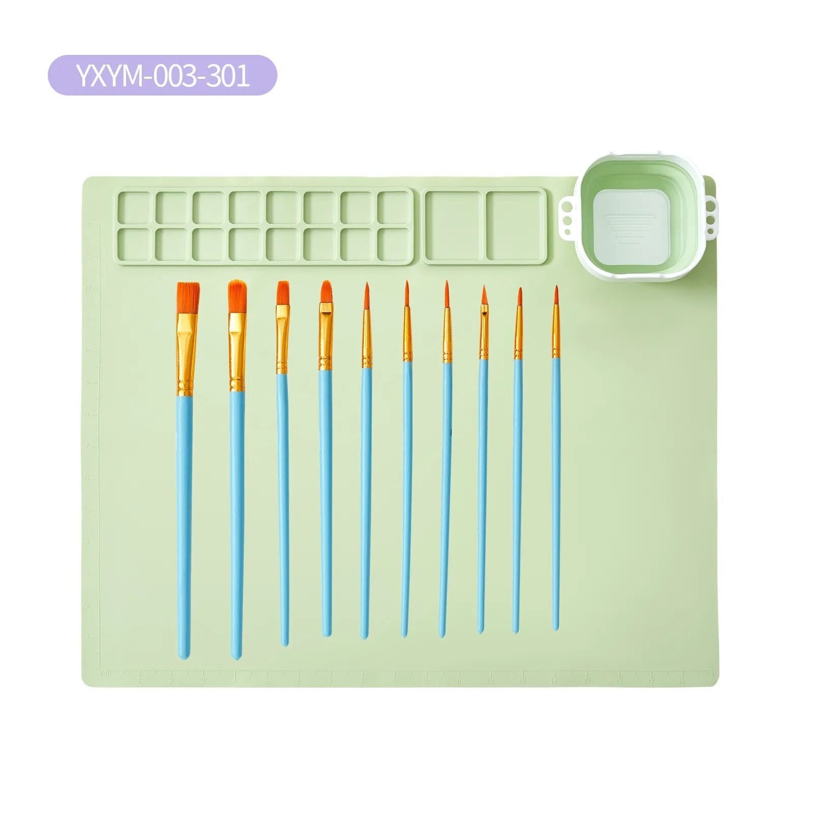 Set of paintbrushes with a green paint palette and container.