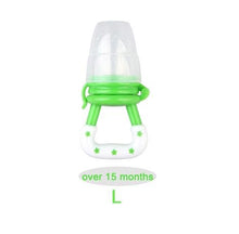 Baby bottle with green accents and text indicating age suitability