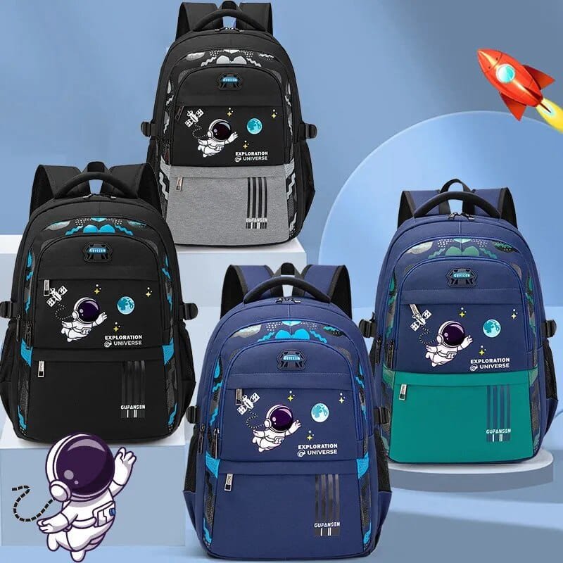 Collection of space theme orthopedic school backpacks offering colour choices for boys starting primary school.
