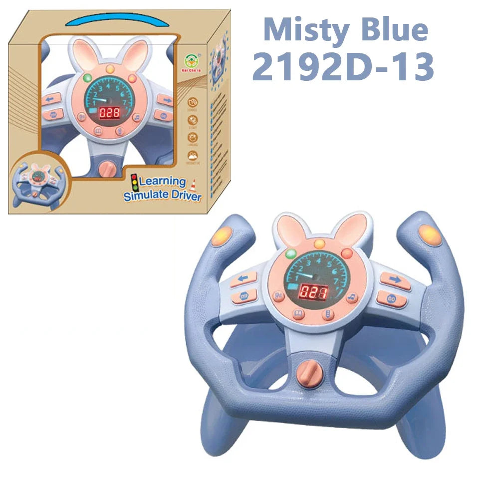 Blue bunny-style steering wheel toy beside its box, labeled Misty Blue 2192D-13