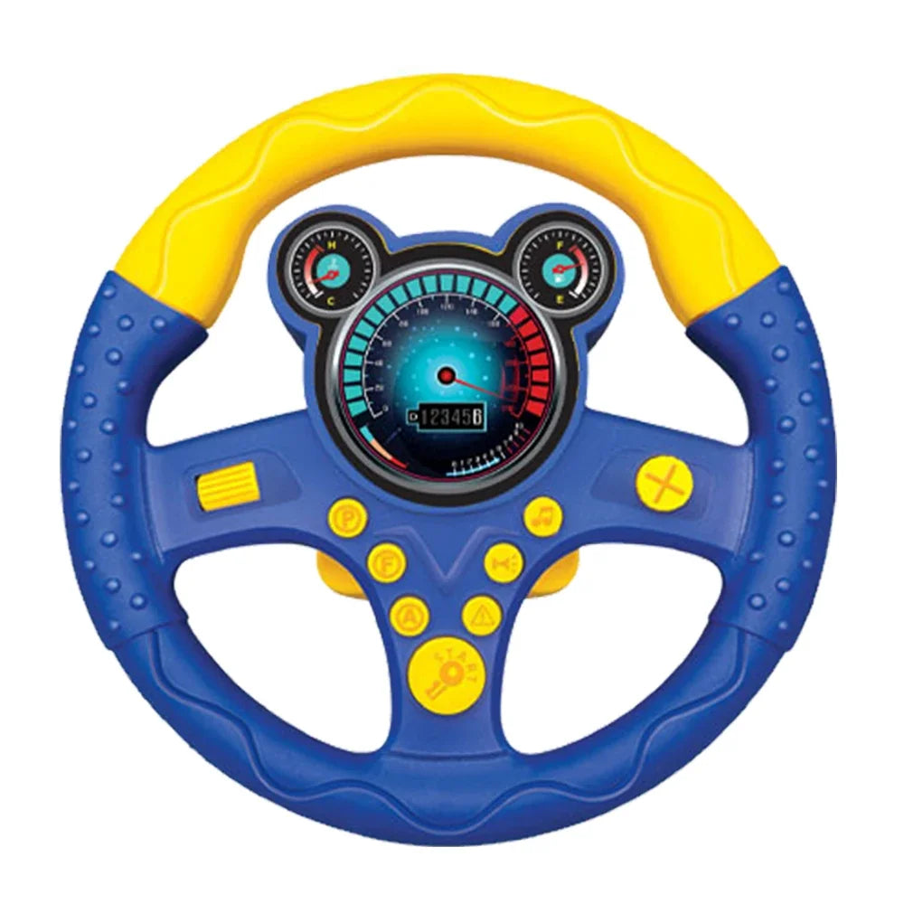 Blue and yellow steering wheel toy with round ear shapes on the dash