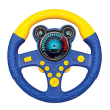 Blue and yellow steering wheel toy with round ear shapes on the dash