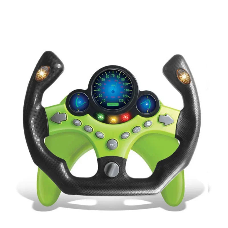 Green and black toy steering wheel with a lit dial and buttons
