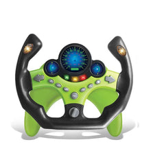 Green and black toy steering wheel with a lit dial and buttons