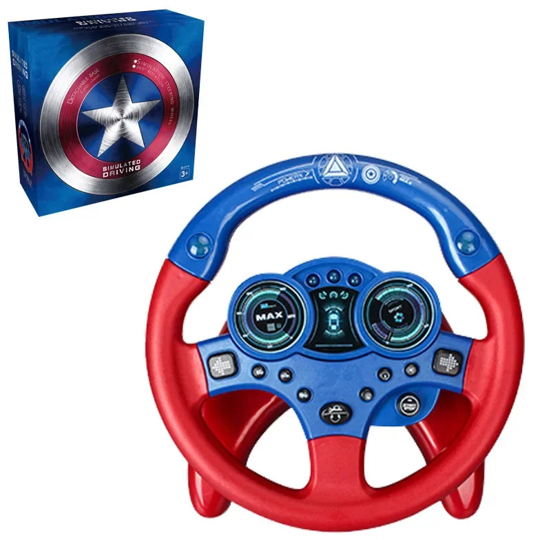 Red and blue toy steering wheel beside a boxed package with a round shield pattern