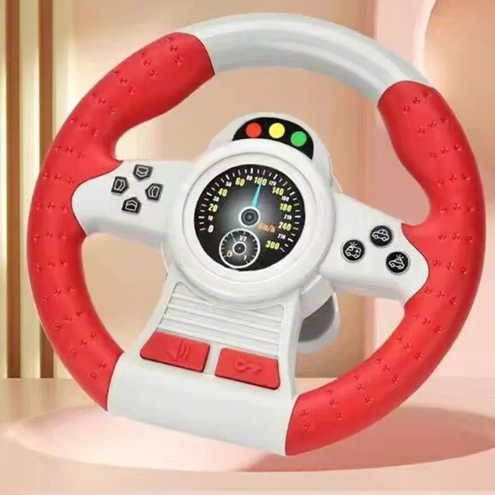 Red and grey toy steering wheel with a speedometer dial and buttons