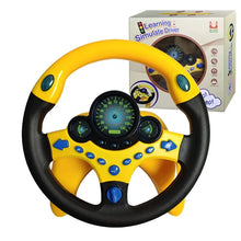 Yellow, black and blue steering wheel toy with its box behind