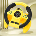 Yellow and black toy steering wheel with a dashboard, dial and buttons