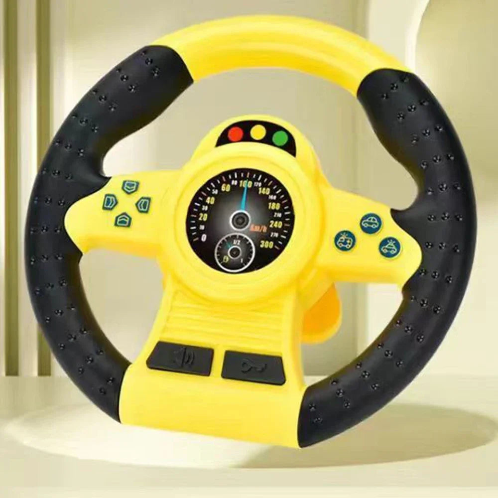 Yellow and black toy steering wheel with a dashboard on a yellow background, second view