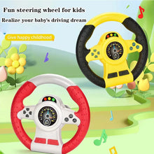 Yellow-black and red-grey toy steering wheels on a cartoon landscape with music notes