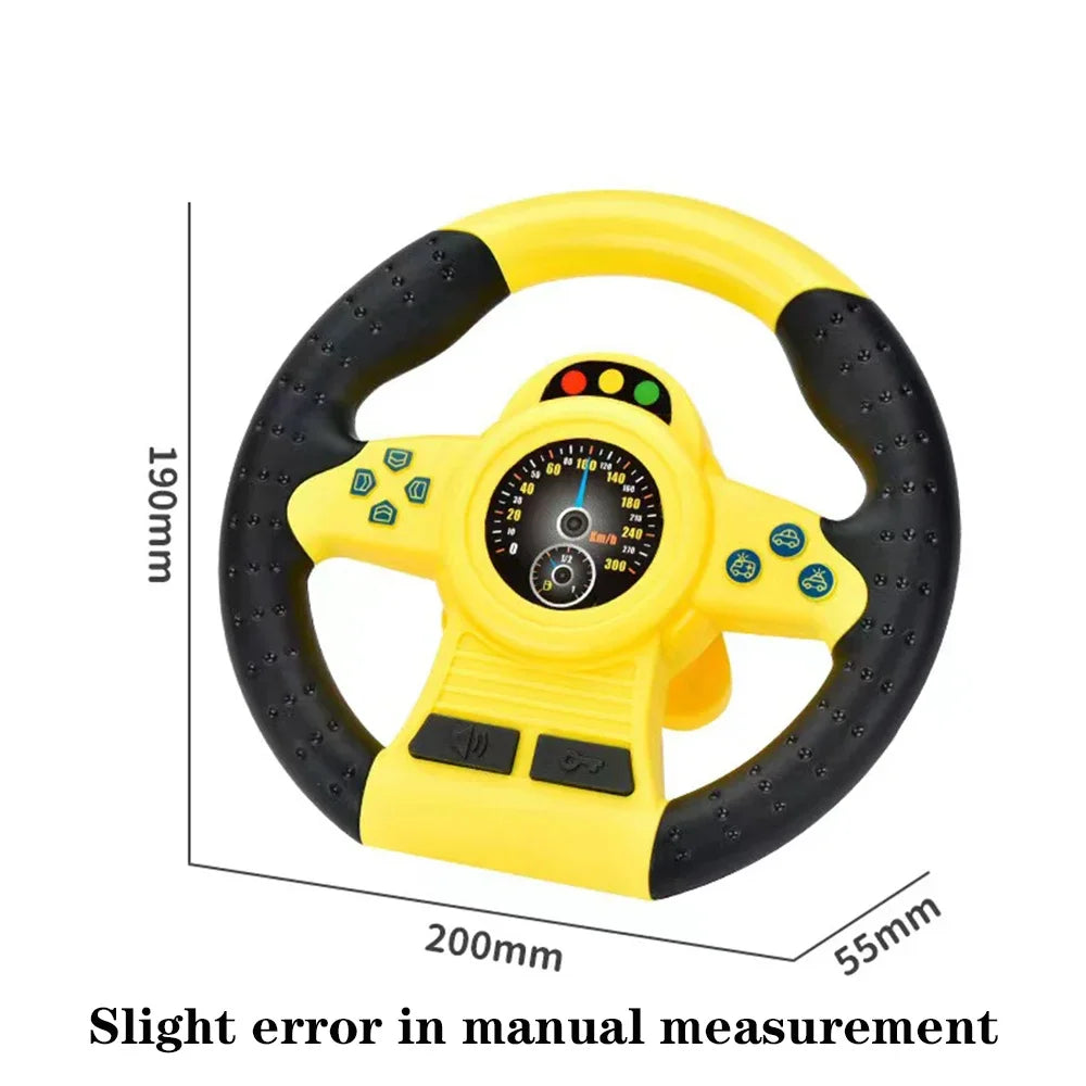 Yellow steering wheel toy with size markers of 190 mm, 200 mm and 55 mm