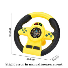 Yellow steering wheel toy with size markers of 190 mm, 200 mm and 55 mm