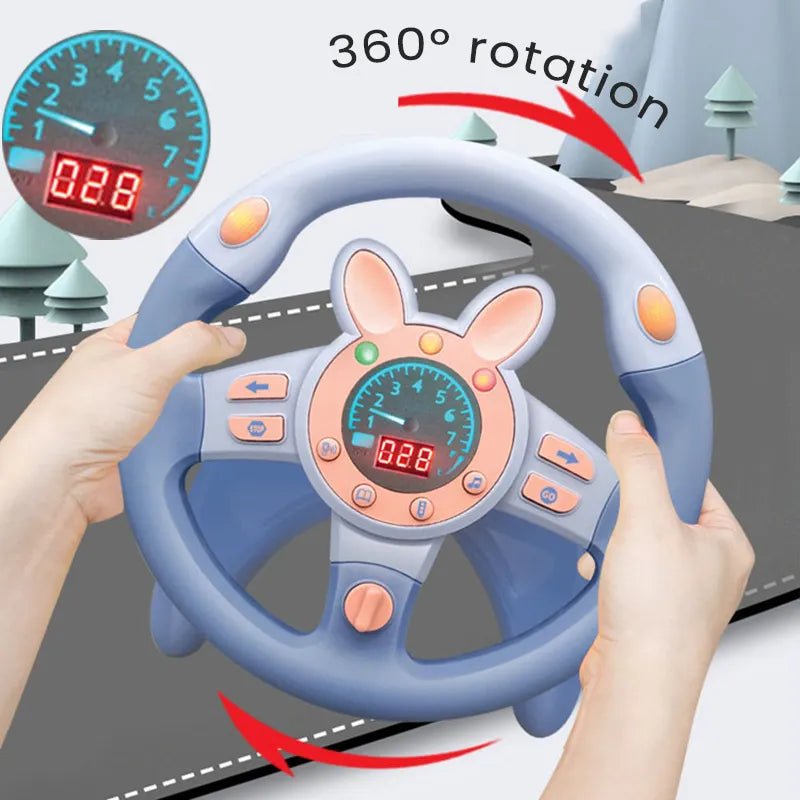 Kids Interactive Stroller Steering Wheel Toy with 360-degree rotation held in hand for pretend driving fun.