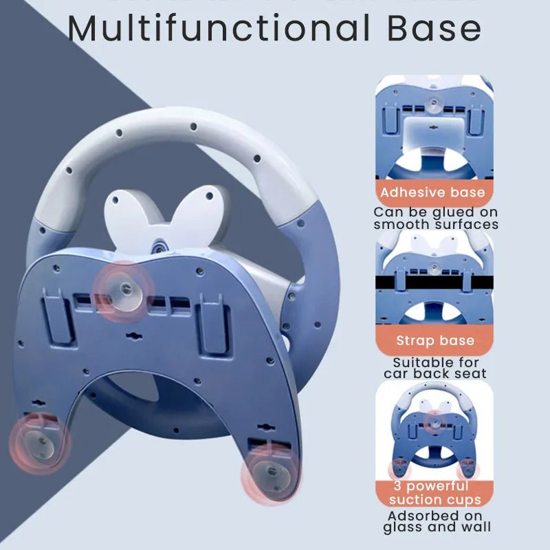 Kids Interactive Stroller Steering Wheel Toy mounting base with adhesive, strap, and suction cup options for stroller attachment.