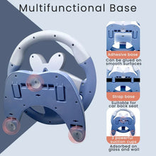 Kids Interactive Stroller Steering Wheel Toy mounting base with adhesive, strap, and suction cup options for stroller attachment.