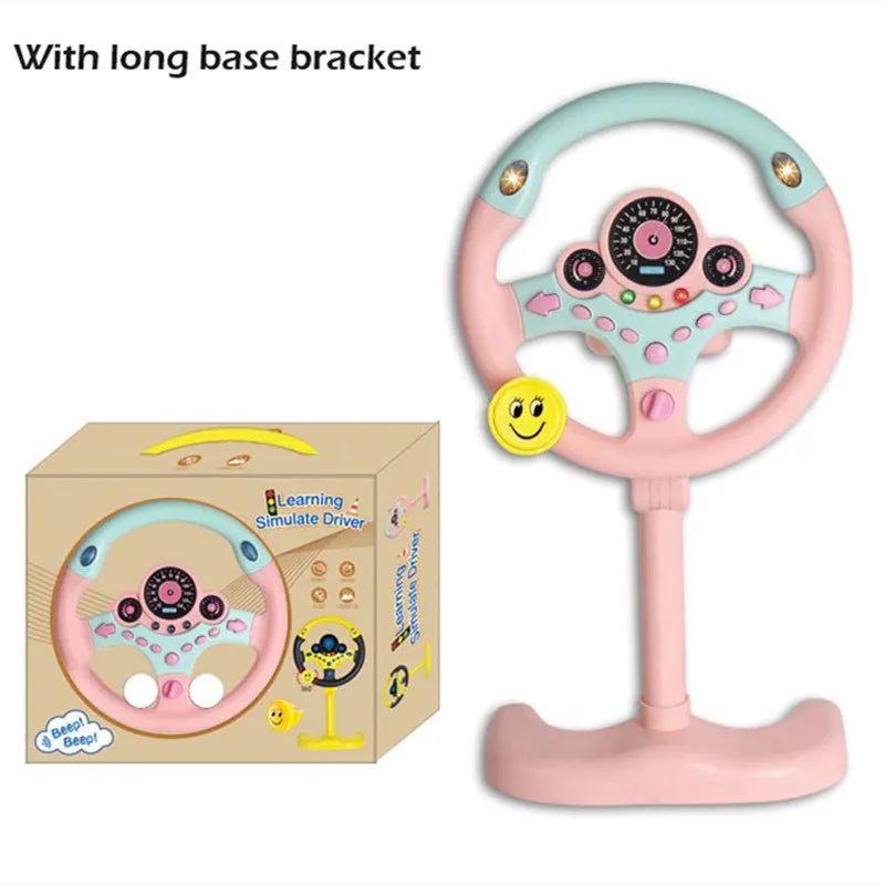 Kids Interactive Stroller Steering Wheel Toy in pink with a long base bracket for secure stroller attachment.