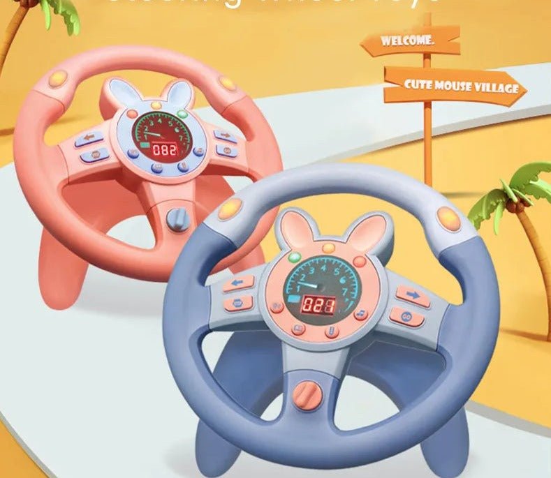Kids Interactive Stroller Steering Wheel Toy shown in pink and blue color options with rabbit design.