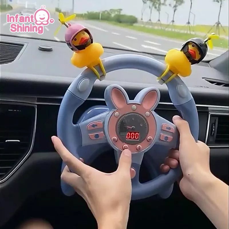 Kids Interactive Stroller Steering Wheel Toy with rabbit design attached inside a car seat for pretend driving.