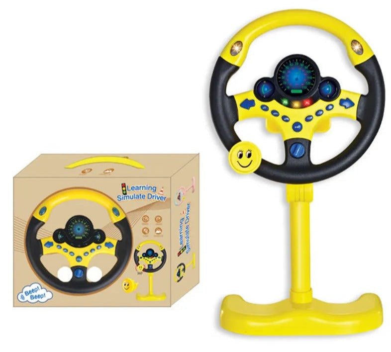 Kids Interactive Stroller Steering Wheel Toy with a smiley face shown next to its packaging for gifting.