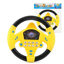 Kids Interactive Stroller Steering Wheel Toy in yellow with a black rim for pretend driving sound play.