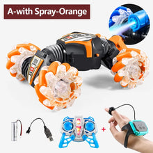 Kids gesture control RC stunt car shown with spray feature and battery pack for play.