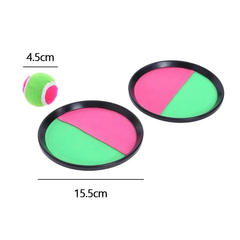 Two colorful circular objects with a ball on a white background, showing measurements.