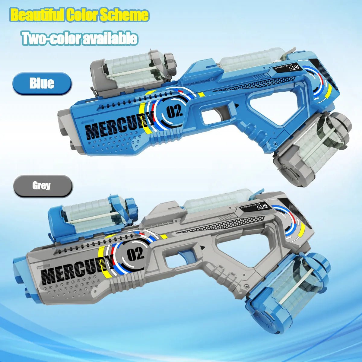 Two toy blasters, one blue and one gray, with 'Mercury' branding.