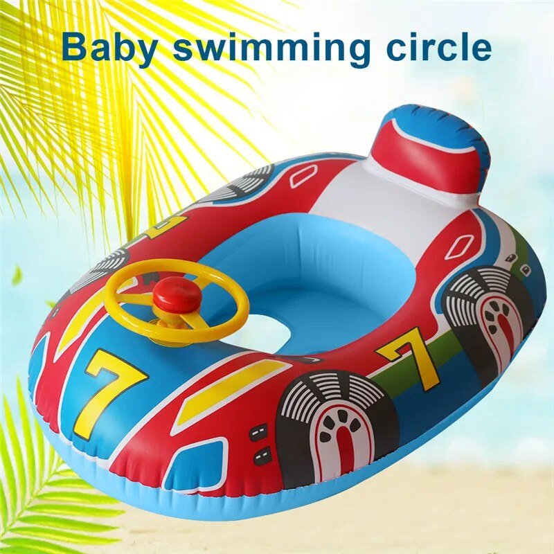 Inflatable baby swimming circle with car design on a bright background