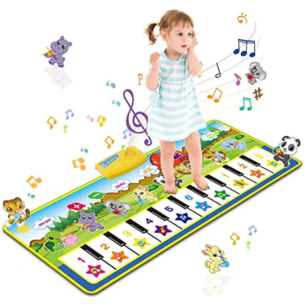 Kids Touch Play Piano Music Mat with cartoon animals for crawling and musical carpet keyboard play.